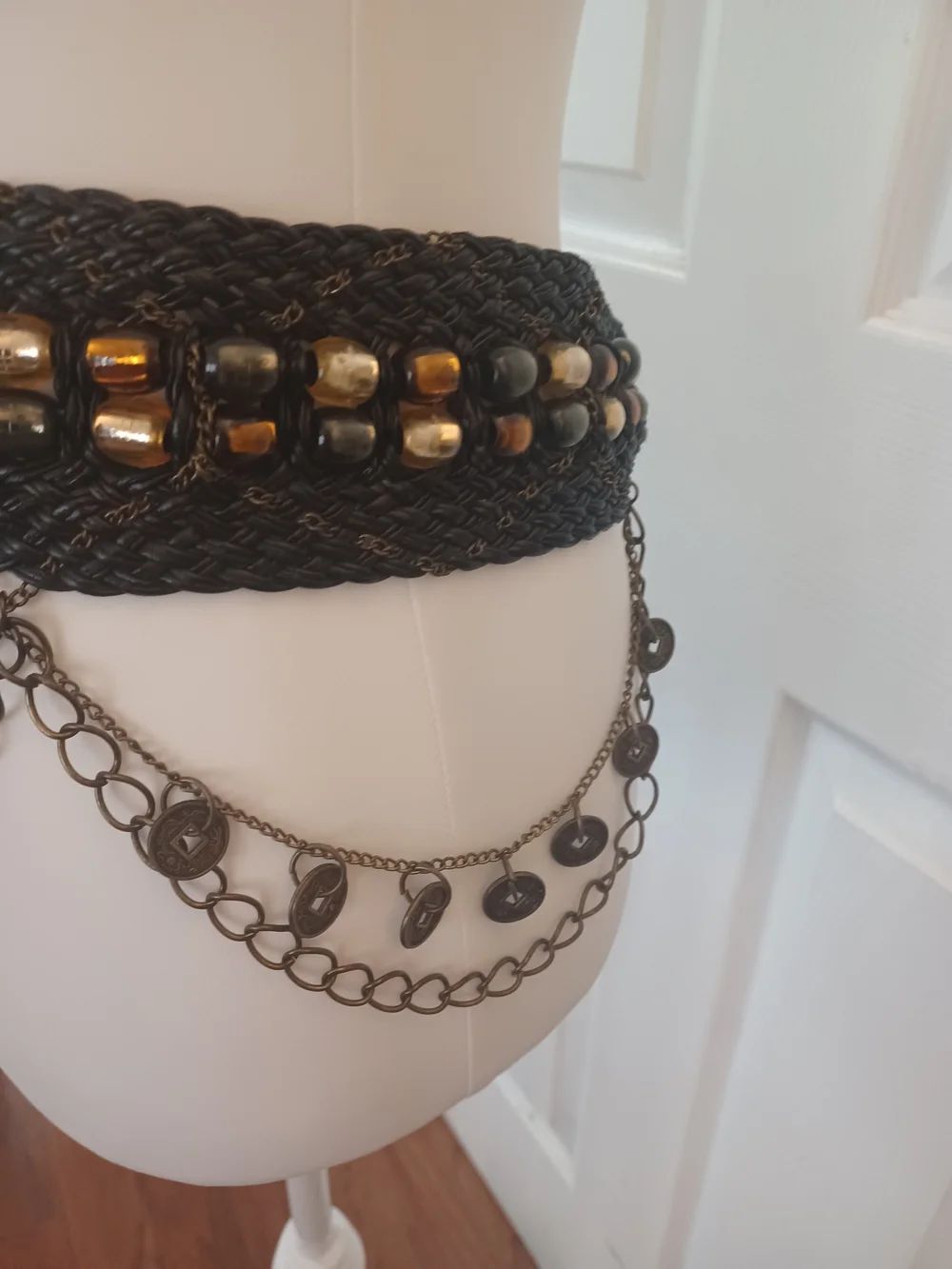 Vintage 90s Boho Mixed Media Statement Belt Woven Beaded Chinese Coin Hip Belt